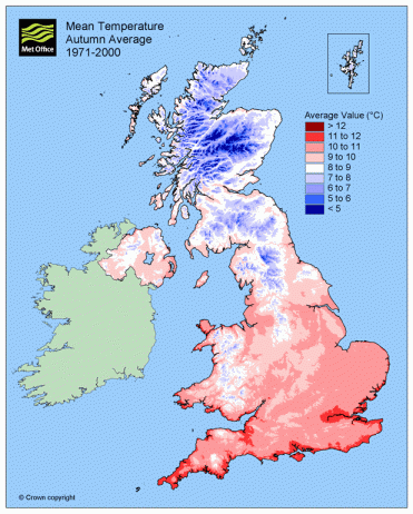 Figure 3, Mean Autumn Temperature map for UK [Source: Metoffice.UK]