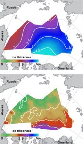 Figure 3 - Ice average thickness in 1988 (above) compared to 2008 (below) [Credit: Ronald Kwok/NASA]